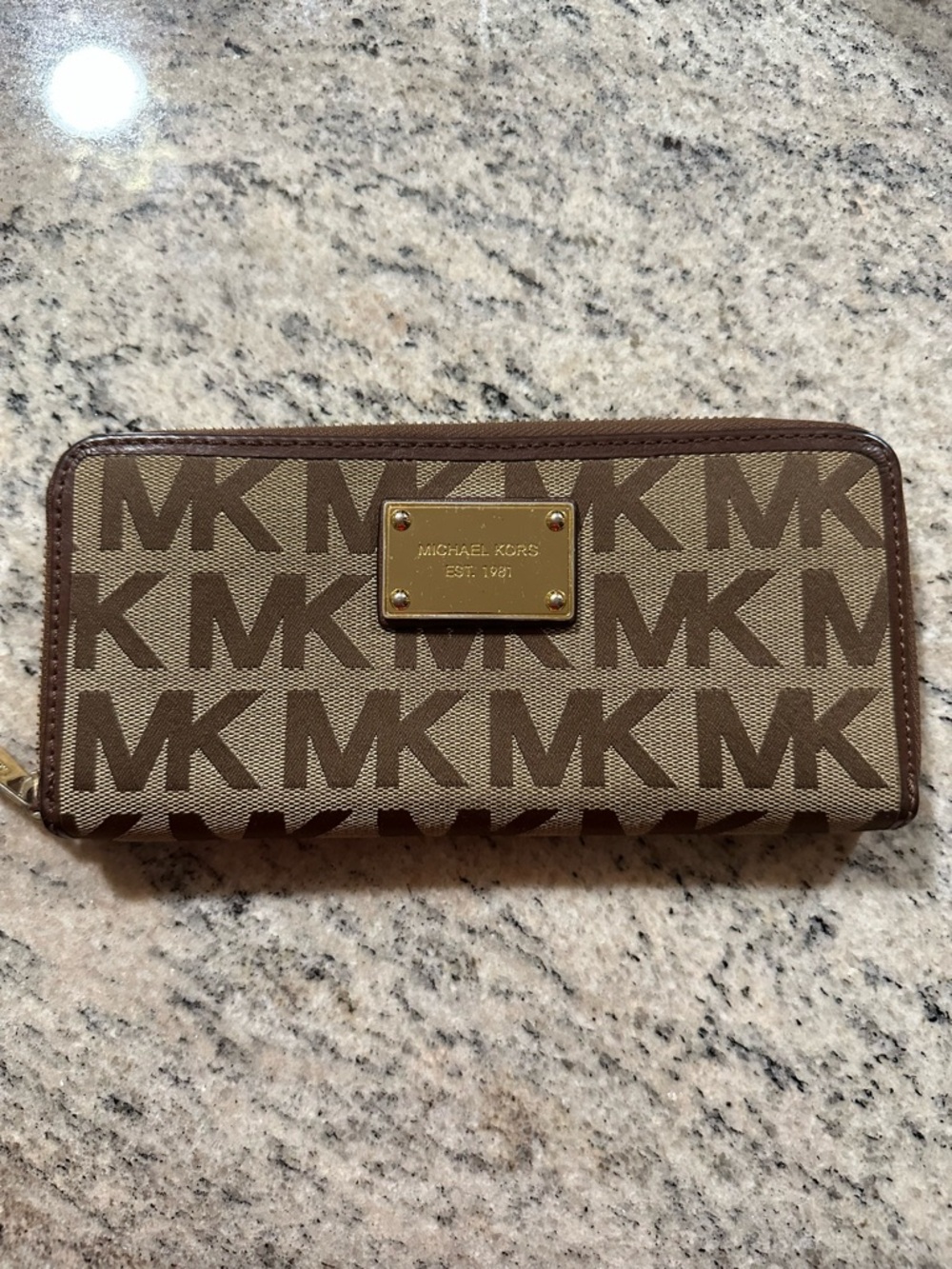Michael Kors Brown and Tan MK Logo Zip-Around Wallet